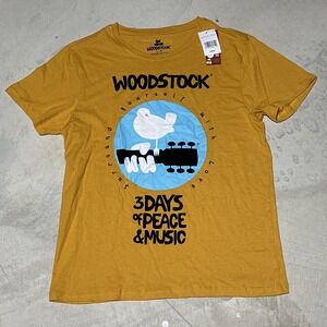 NWT Woodstock Retro Yellow T Shirt Adult SZ Large Music Concert Jimmy Hippie